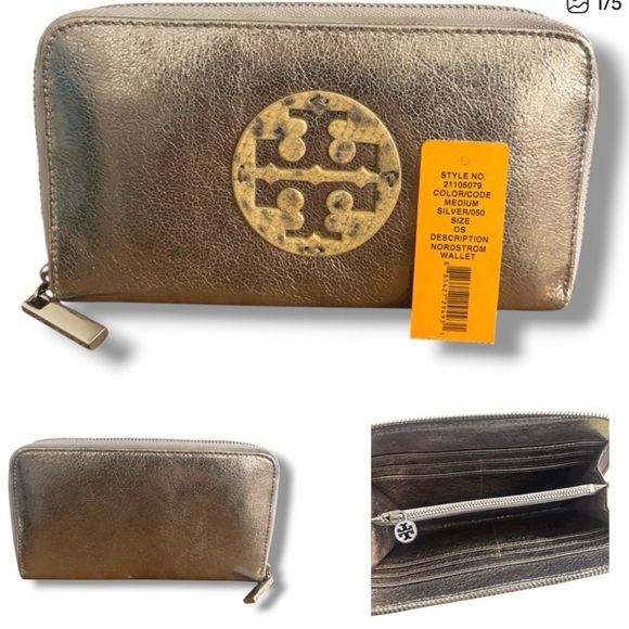 Tory Burch Handbags - Tory Burch Metallic Silver-Gold Zip Wallet with Logo Medallion